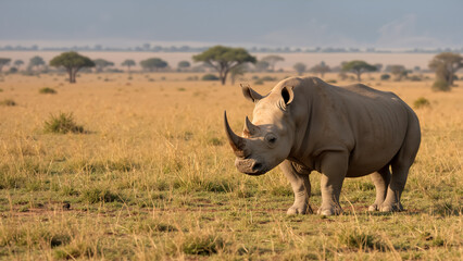 White rhino in the African grassland. An endangered rhinoceros in its natural habitat in the savanna.