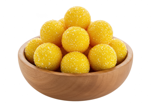 A wooden bowl filled with a pile of bright yellow spherical sweets with a textured surface design on transparent background