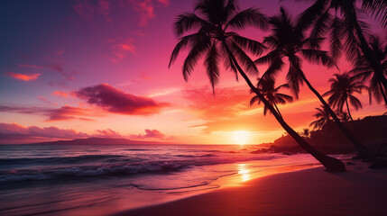 Purple sunset sky over beach with leaning palm trees.
