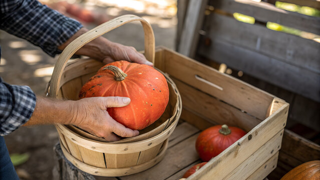 Farmer s hands placing a bright orange pumpkin into a wooden basket for harvest