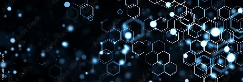 Poster black background with white and blue glowing hexagons representing technology, data science, or arti