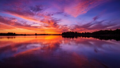 Fototapeta premium vibrant sunset with orange purple sky reflecting on calm water at dusk