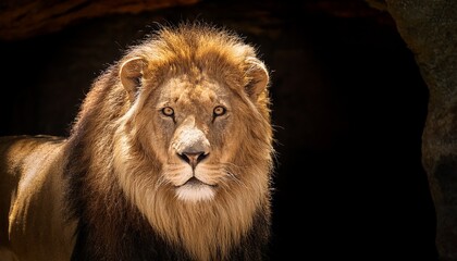 Fototapeta premium a majestic lion stands at the entrance of a cave its piercing gaze directed at the viewer with a dramatic lighting effect