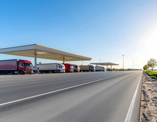 Freight Trucks Parked at Highway Fuel and Rest Stop