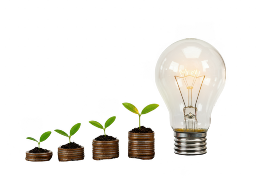 Stacks of coins with seedlings and a glowing light bulb representing growth and innovation idea on transparent background