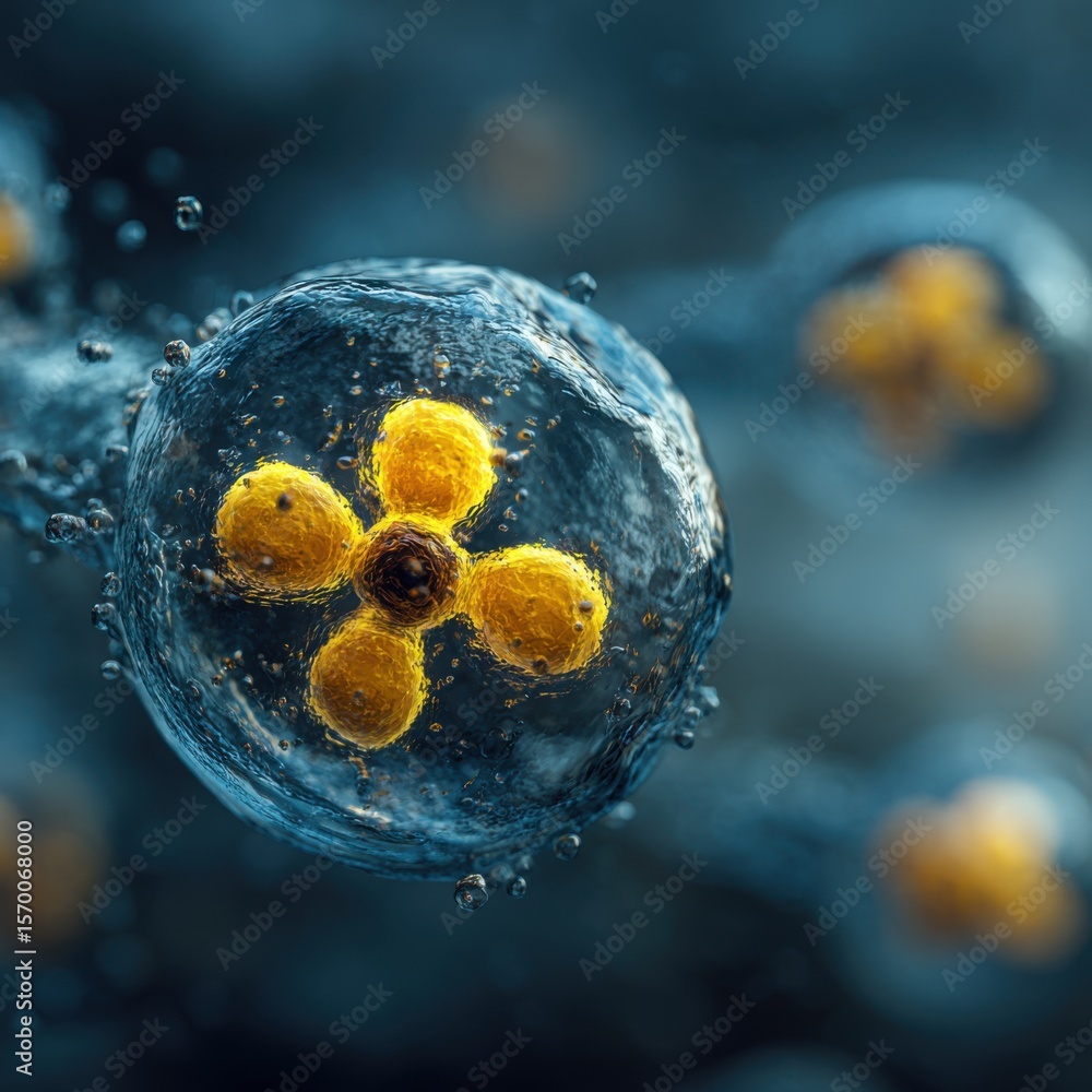 Poster vivid yellow structures resembling flowers are suspended in a liquid, surrounded by bubbles against 