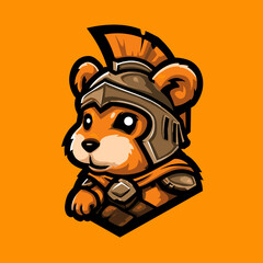 Orange bear wearing gladiator armor represents an esports team logo with a fierce look and striking colors