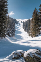 Snowy ski slope descending through pine forest on sunny winter day