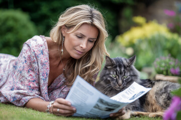 Woman reading with her cat in the garden