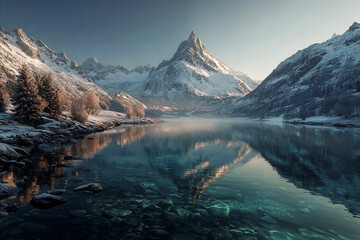 Snowy mountains reflecting in a crystal clear lake at sunrise