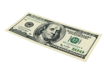 A single one hundred dollar bill featuring benjamin franklin lying on a surface in a studio shot on transparent background