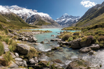 Hooker valley track leading to mount cook, new zealand, with turquoise water flowing in the stream