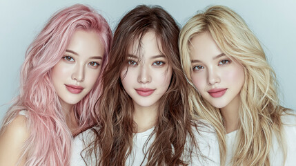 Three beautiful fashion models posing together showing long healthy hair