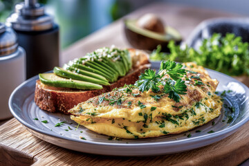 Delicious omelette with fresh parsley and avocado toast for healthy breakfast
