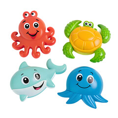 Fototapeta premium Cute cartoon sea creatures including octopus turtle shark and jellyfish isolated on transparent background