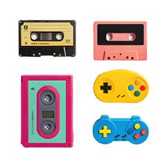 Obraz premium Retro gaming controllers and cassette tapes in vibrant colors isolated on transparent background