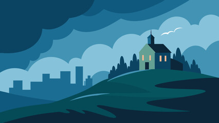 Urban vector illustration of a night city landscape with buildings, houses, and trees under a cloudy sky