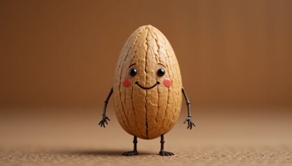 A cheerful cartoon almond stands with tiny arms and legs against a neutral background.