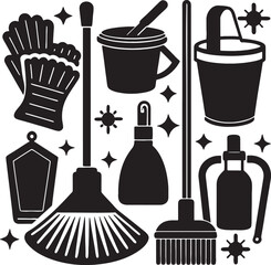 Collection of cleaning tools and supplies in silhouette icons vector on white background
