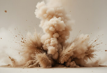 Dust sand soil smoke cloud particles isolated on transparent white background. Brown sandstorm smog sand dust explosion rising. Design elements for Compositing, covering, overlay