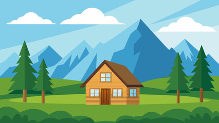 A charming country cottage nestled on a green mountain meadow under a clear summer sky, surrounded by trees and a village