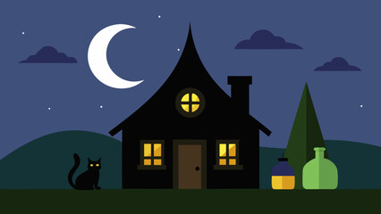 Haunted house in a dark woods at night, with a spooky moon and bats silhouetted against the sky, perfect for a Halloween illustration