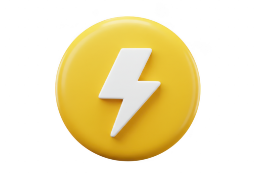 A yellow circle with a white lightning bolt in the center on a transparent surface on transparent background