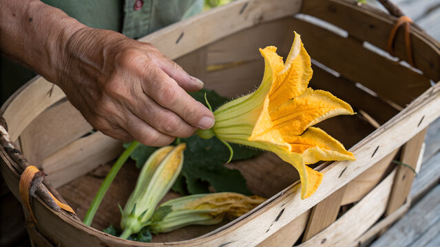 Elderly person s hands carefully placing a vibrant yellow zucchini flower into a rustic wooden basket of harvested vegetables - Powered by Adobe