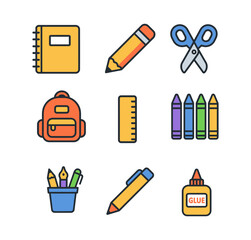 Flat vector icons school and stationery supplies for students and education