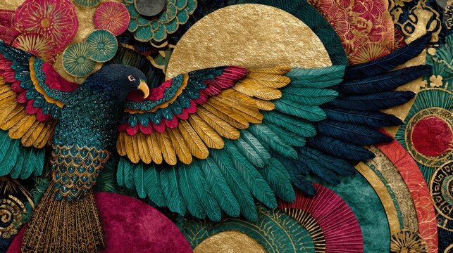 A striking bird is depicted with vibrant feathers in deep greens, reds, and yellows, surrounded by a backdrop of patterned circles and floral designs.