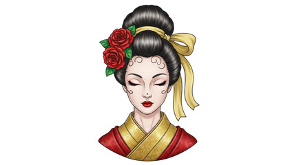 Isolated Geisha with Roses and Ribbon
