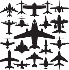 Collection of diverse airplane silhouettes isolated on white background 