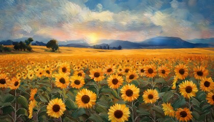 Obraz premium the beauty of a sunflower field expressed through impressionistic art