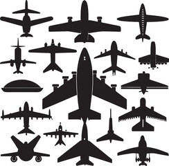 Collection of diverse airplane silhouettes isolated on white background 