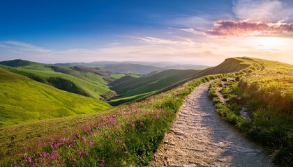 Fototapeta premium scenic pathway along cliffside offering breathtaking views of rolling hills and vibrant sky in summer