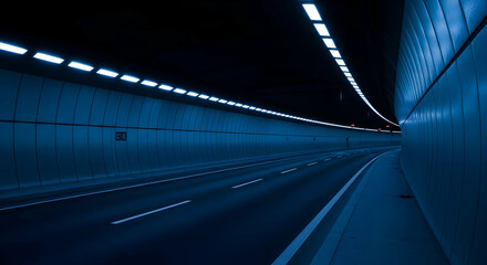 Abstract Tunnel With Symmetrical Lighting And Smooth Blue Concrete Walls Architecture