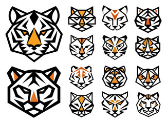 Obraz premium Set of Geometric Tiger Head Logos with Abstract Orange Accents on Transparent Background