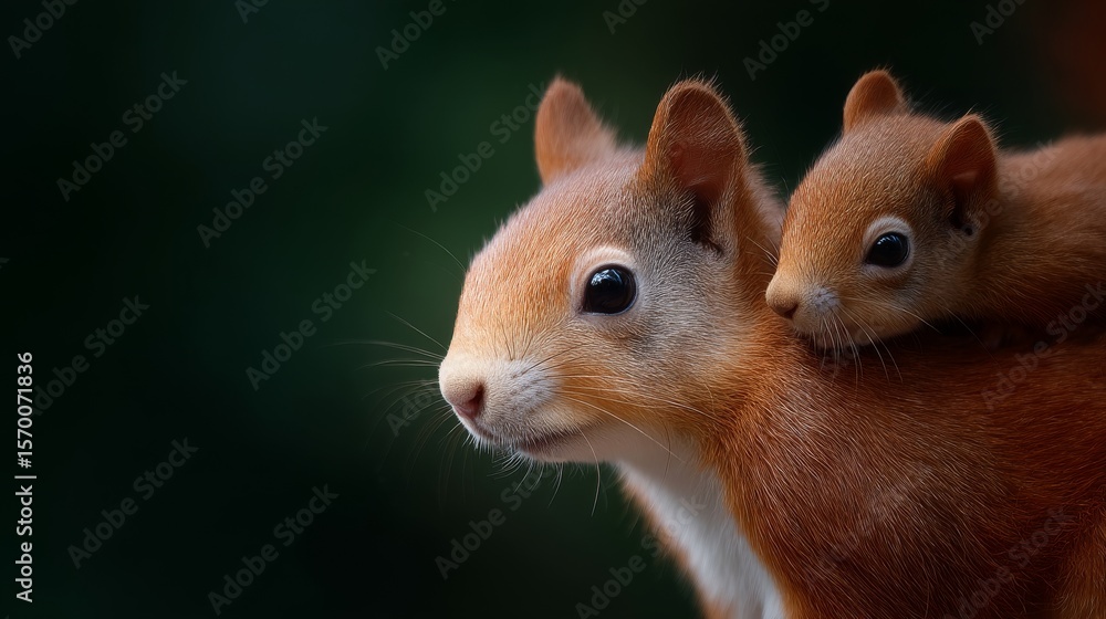 Poster a close-up of a squirrel with its baby resting on its back. the image captures the bond between moth