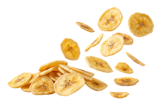 Crispy banana chips floating on AI Generated by PNG