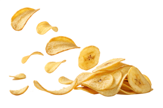 Crispy banana chips floating on AI Generated by PNG