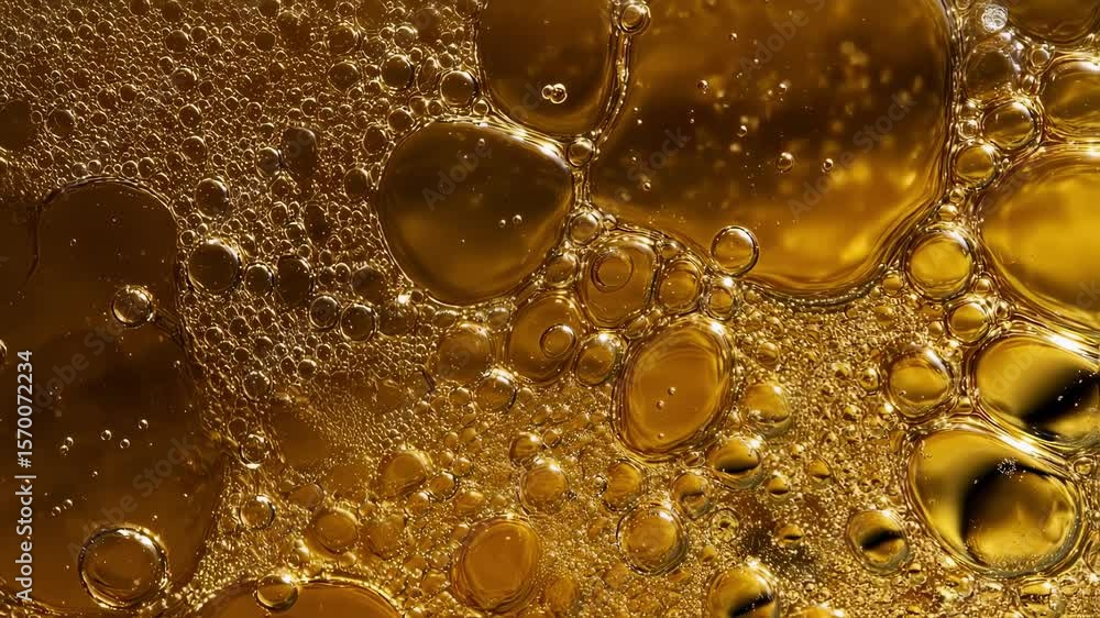 Poster golden oil and water bubbles creating an abstract pattern background, suitable for various design an