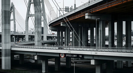 Obraz premium Complex Urban Infrastructure Featuring Elevated Roads and Cable Stayed Bridges