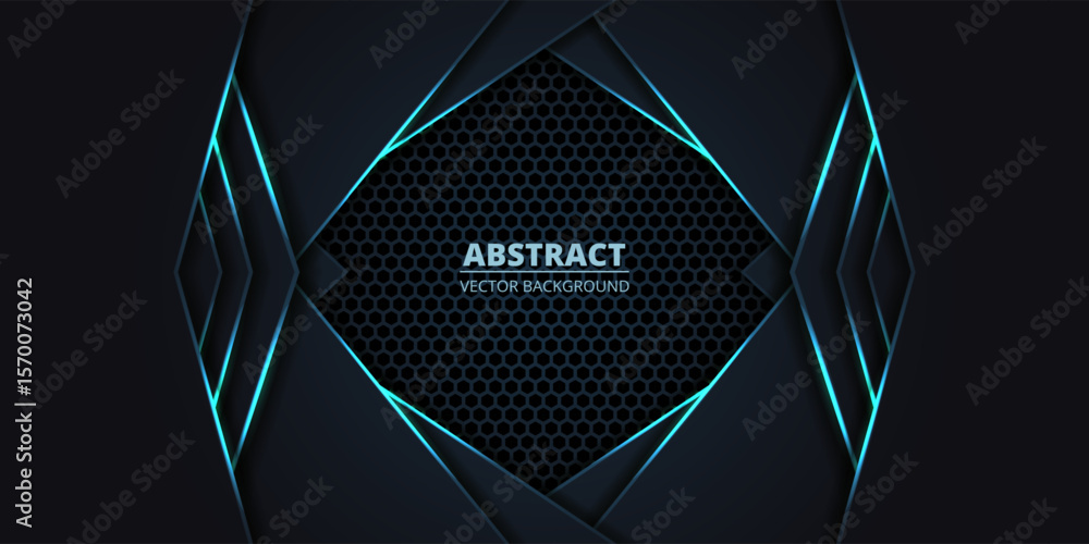 Poster dark abstract vector background with hexagon grid and blue luminous lines. technology futuristic bac