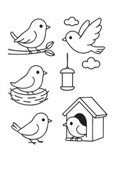 Cartoon birds perch, nest, fly and rest near feeder and birdhouse. Great for kids coloring pages. 