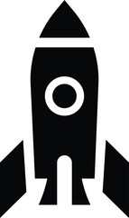A classic black silhouette of a retro rocket ship with fins and a circular window isolated on a white background