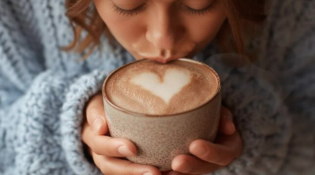 Latte Heart: A woman enjoying a latte with heart shaped foam in her hand.