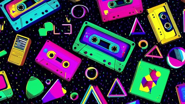 Vibrant neon colors illuminate audio cassette tapes, geometric shapes, and confetti, creating a seamless pattern reminiscent of the 1980s and 1990s