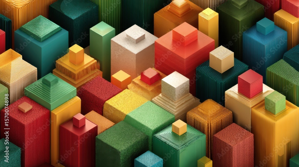 Poster this dynamic composition features a variety of cubic and rectangular shapes in diverse colors and te