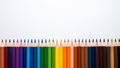 Perfectly aligned colored pencils forming a colorful bottom border on white background
