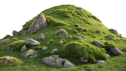 A highly detailed, realistic illustration of a rounded, moss-covered mountain rising from a pure white background. The mountain is blanketed in vibrant green grass and moss, with scattered gray rock o